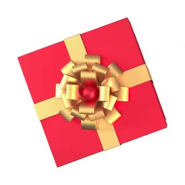 Top view of 3d red gift box with gold ribbon and bow isolated on white back.. Illustrazione stock