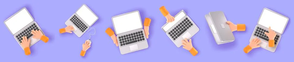 Top view 3d render laptop and hands, human arms Illustrazione stock