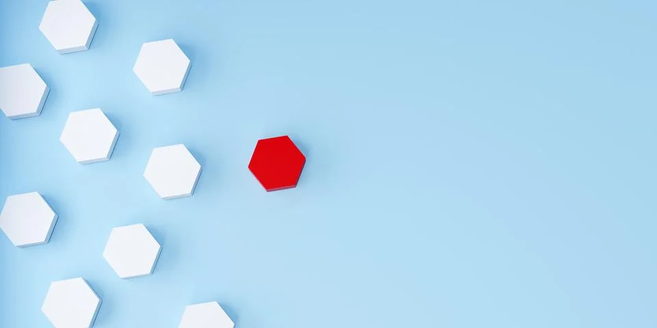 Top view 3D render of a red hexagon block leading a group of white hexagons.. 스톡 사진