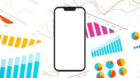 Top view 3d render of a smartphone, surrounded by financial charts, papers,.. Stock Illustration