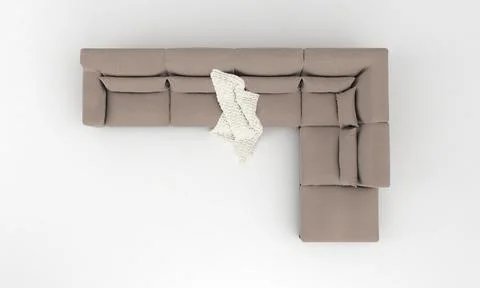 A top view of 3D rendered modern corner sofa of light brown with a blanket on Ilustração Stock