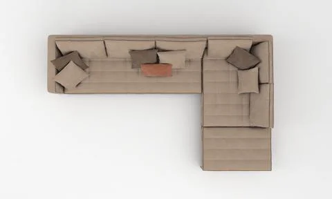 A top view of a 3D rendered modern corner sofa of light brown color on a whit Stock Illustration