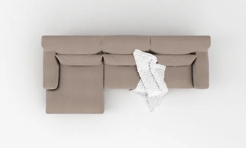 A top view of 3D rendered modern corner sofa of light brown with a blanket on Stock Illustration