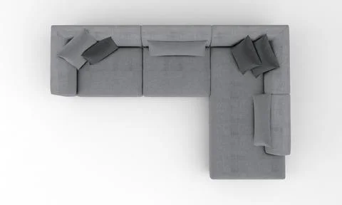 A top view of a 3D rendered modern corner sofa of gray color on a white backg Stock Illustration