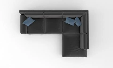 A top view of a 3D rendered modern corner sofa of dark gray color on a white  Stock Illustration