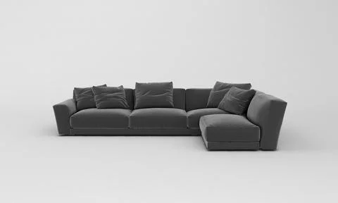 A top view of a 3D rendered modern corner sofa of dark gray color on a white  Stock Illustration