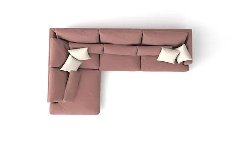 A top view of a 3D rendered modern corner sofa of a rosewood color on a white Stock Illustration