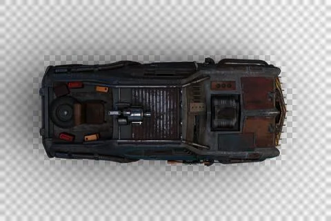 Top view 3D rendering of a fantasy zombie apocalypse armoured car isolated on Stock Illustration