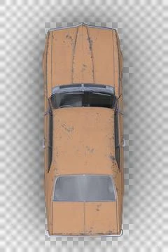 Top view 3D rendering of an old retro American muscle car with rusty yellow b Stock Illustration