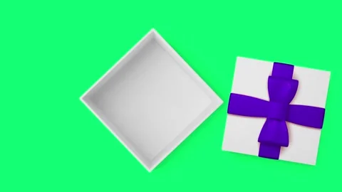 Top View 3D White Gift Box Opening with Purple Ribbon Bow on Green Screen. Stock Footage 341658257