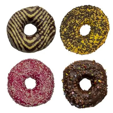 Top view of 4 different donuts -brown, yellow, red, chocolate, sprinkles, str Stock Photos