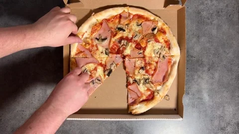 Top view. 60 fps. People on home takes slice of pizza with mushrooms Video stock 343683681