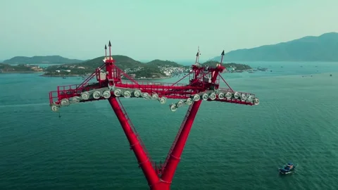Top view above around huge structure of the power tower of the cable car in the Stock Footage 242050005