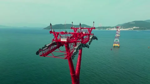 Top view above around huge structure of the power tower of the cable car in the Stock Footage 274236209