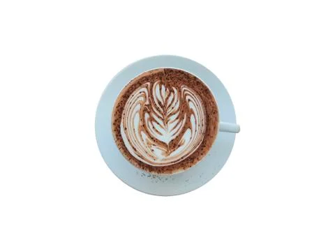 Top view above. Flat lay of hot coffee. Latte art isolated on white backgroun Stock Photos