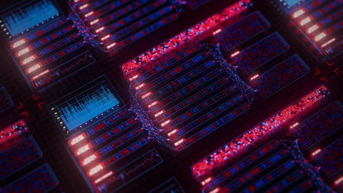 Top view on Abstract big data flow visualization of binary neural network Stock Footage 330666628