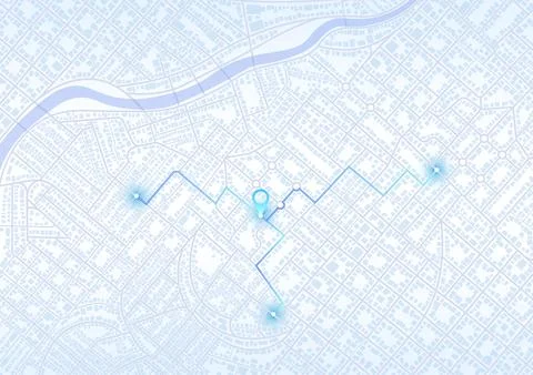 Top view of abstract town road layout with gps tracking line and destination Stock Illustration