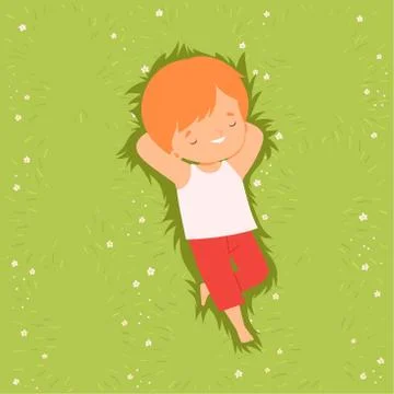 Top View of Adorable Boy Lying Down on Green Lawn with Hands behind his Head Illustrazione stock
