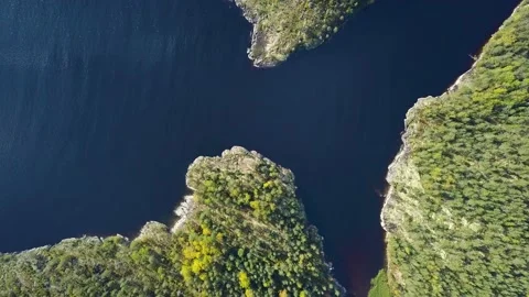 Top view aerial drone video of hills, islands and lake on summer day in Karelia Stock Footage 220453075