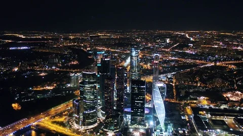 Top view Aerial Flight Around And Approach To Windows Of Moscow City Business. Stock Footage 104300899