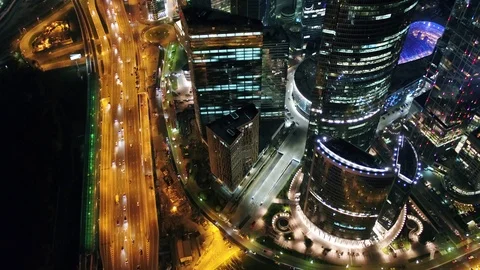Top view Aerial Flight Around And Approach To Windows Of Moscow City Business. Stock Footage 104301018