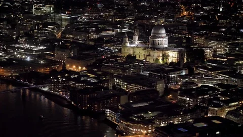 Top view aerial night panorama of London, Thames river and St Paul cathedral Stock Footage