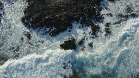 Top view aerial of ocean waves crashing on the volcanic rocky shore, Hawaii Stock Footage 126599031