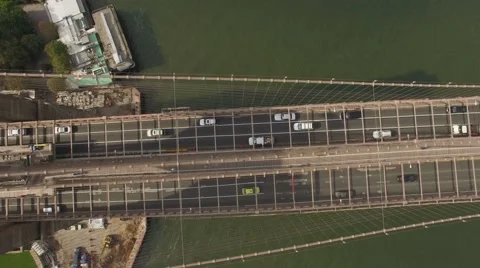 Top view Aerial real time video of Brooklyn Bridge. The camera moves left. 4K Stock Footage 57448657