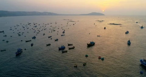 Top view, aerial view Mui Ne fishing harbour from the drone Stock Footage 113109436