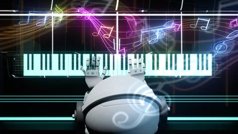 Top view of ai robot play on piano. Generate music or song in software progr Stock Footage 249390909