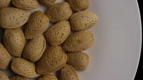 Top view of almonds in shell rotating on plate Stock Footage 328144133