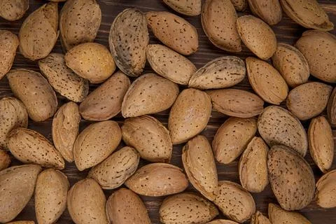 Top view of almonds in shell scattered on wooden background Stock Photos