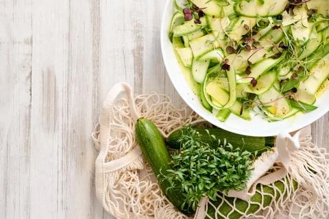 Top view of alternative vegetable zucchini pasta. Zoodle. Stock Photos
