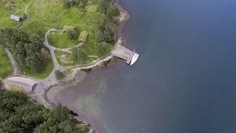 Top view of a amazing harbor with a white yacht in Norway, Europe. Beautiful Stock Footage 80250984