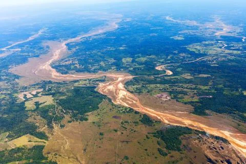 Top View of Amazon rainforest sandy estuary, Bolivia Stock Photos
