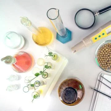 Top view. Analysis of cereal and legume seeds in the laboratory. Tests for .. Stock Photos