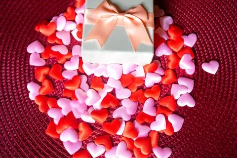 Top view and close up Many red hearts ond pink with gift. Happy valentine's day Stock Photos