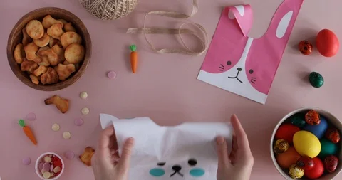 Top view and flat lay of Easter painted eggs, cookies Stock Footage 100667703