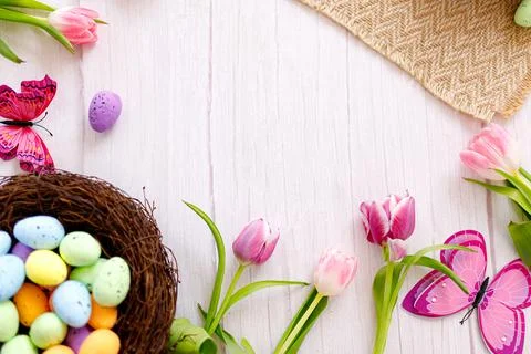 Top view and flat lay of conceptual arrangement decoration for Happy Easter h Stock Photos