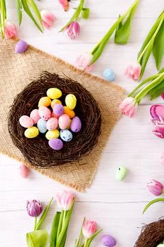 Top view and flat lay of conceptual arrangement decoration for Happy Easter h Stock Photos