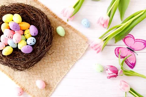 Top view and flat lay of conceptual arrangement decoration for Happy Easter h Stock Photos