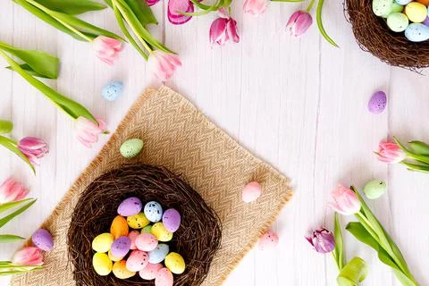 Top view and flat lay of conceptual arrangement decoration for Happy Easter h Stock Photos