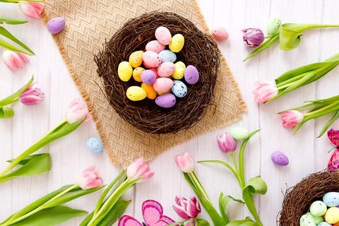 Top view and flat lay of conceptual arrangement decoration for Happy Easter h Stock Photos