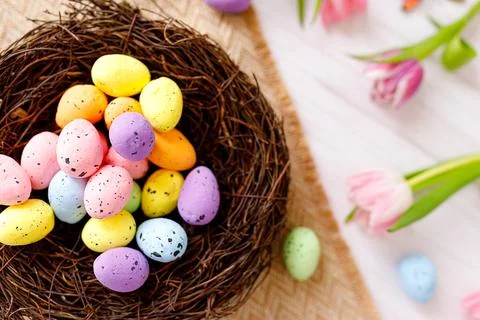Top view and flat lay of conceptual arrangement decoration for Happy Easter h Stock Photos