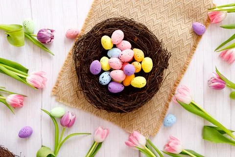 Top view and flat lay of conceptual arrangement decoration for Happy Easter.. Stock Photos