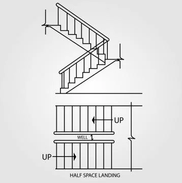Top view and front view of a half space landing staircase  Stock Illustration