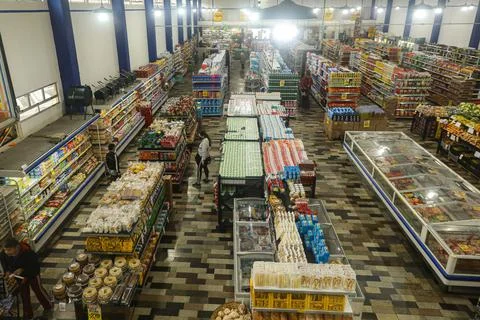 Top view and panoramic view of a market Stock Photos