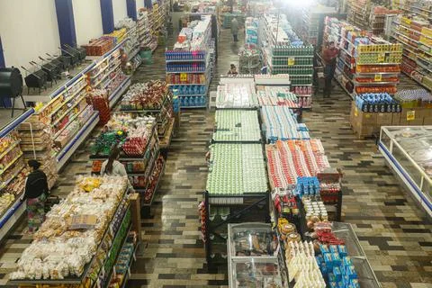 Top view and panoramic view of a market Stock Photos