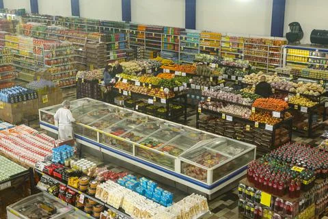 Top view and panoramic view of a market Stock Photos