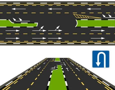 Top view and perspective view of a highway, a U-turn road. Road marking. illu Stock Illustration